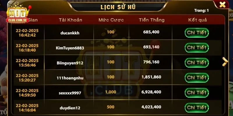 Tính năng lịch sử hũ nổ hũ Mèo Tài Lộc